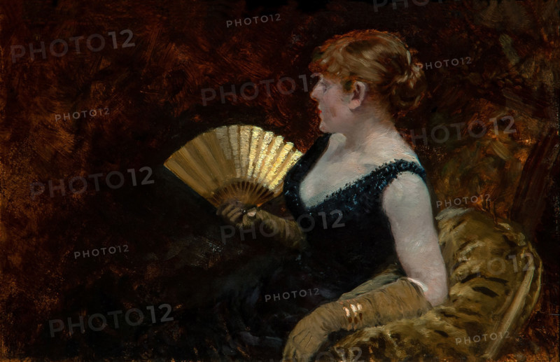 Giuseppe De Nittis 1846-1884 “Lady with fan” 1882, 26.7 x 41 cm oil on panel.