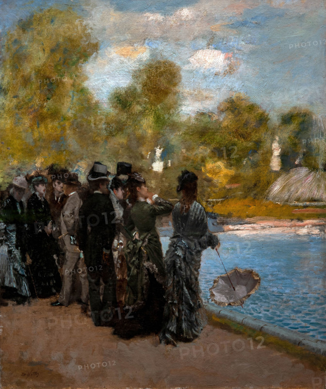 Giuseppe De Nittis 1846-1884 “Beside the Pond in the Luxembourg Gardens” 1877, 46 x 38 cm oil on panel.