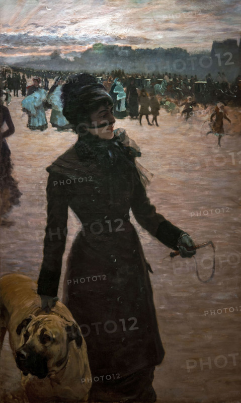 Giuseppe De Nittis 1846-1884 ”The Return from the Races (The Lady with the Dog)” 1878, 150x90cm oil on panel.