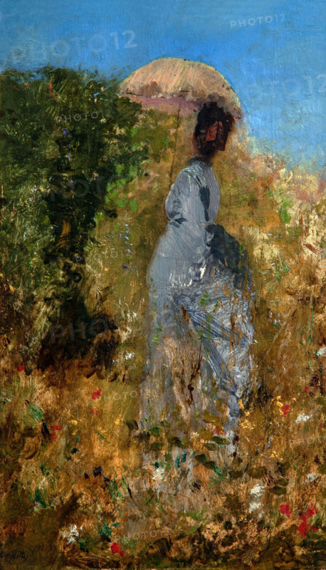 Giuseppe De Nittis 1846-1884 “In the Garden” 1873, 24.5 x 14.7 cm oil on panel.