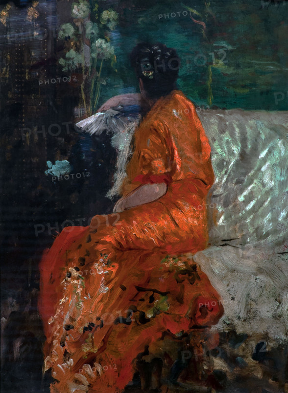 Giuseppe De Nittis 1846-1884 “The orange Kimono” 1883, 42x3 cm oil on panel.