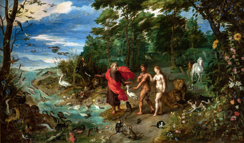 Jan Brueghel the Younger 1601-1678 "Adam and Eve in the Earthly Paradise" 1640, 48 x 83 cm oil on panel.