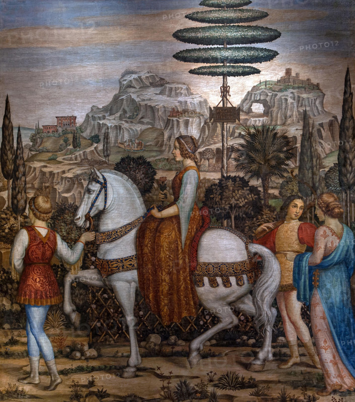 Federico Angeli 1891-1952 "Woman on horseback with knightly procession" 1931, 235 x 208 cm tempera on canvas.