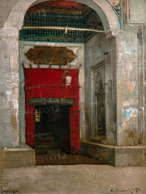 Alberto Pasini 1826-1895 "Door of the mosque of Sultan Amurat I in Brussa" 1880, 34.8 x 26.3 cm oil on canvas.