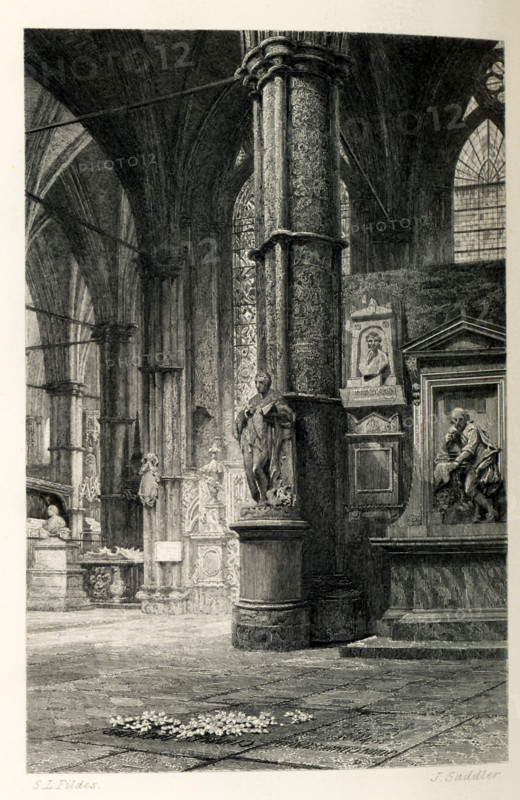 Dickens’ tomb is in the south transept of the Poets' Corner at Westminster Abbey in London, England, and is marked by a small stone inscription (area pictured here).This was per Dickens' wish and he wrote in his will: that my name be inscribed in plain English letters on my tomb... I rest my claims to the remembrance of my country upon my published works. Charles Dickens died June 9, 1870, and was buried at the Abbey on June 14. Charles Dickens (1812-1870) was an English writer and social critic, and considered by some the best novelist of the Victorian era. Some of his best-known works are David Copperfield, A Christmas Carol, A Tale of Two Cities. This illustration by John Saddler is from the 1874 edition of The Life of Charles Dickens Vol III 1852-1870   by John Forster. Saddler, an English line engraver (died 1892), based it on a watercolor by English Victorian painter Luke Fields (died 1927).