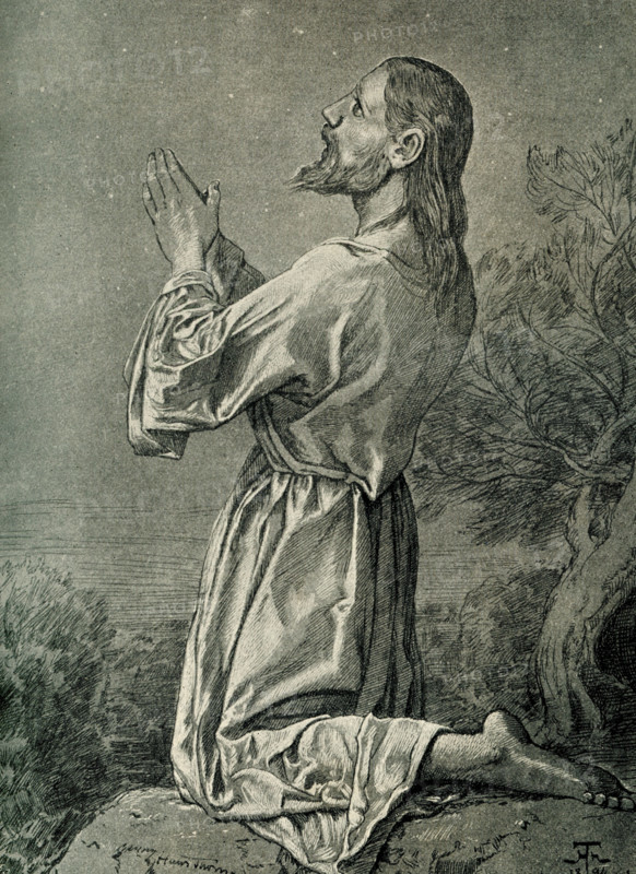 The German inscription for this 1899 image reads in English: ""Christ in Gethsemane by Hans Thoma, after the original 1894."" The Agony in the Garden of Gethsemane was an episode in the life of Jesus, the name of the man who Christians believe was the son of God, and whose teachings are the basis of Christianity, which appears in the four canonical gospels, between the Farewell Discourse at the conclusion of the Last Supper and Jesus' arrest.