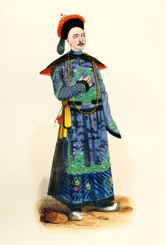 This 1840s illsutration shows a Chinese Mandarin. Mandarin was a bureaucrat scholar in the history of China, Korea and Vietnam. The term is generally applied to the officials appointed through the imperial examination system; it sometimes includes and sometimes excludes the eunuchs also involved in the governance of the two realms.