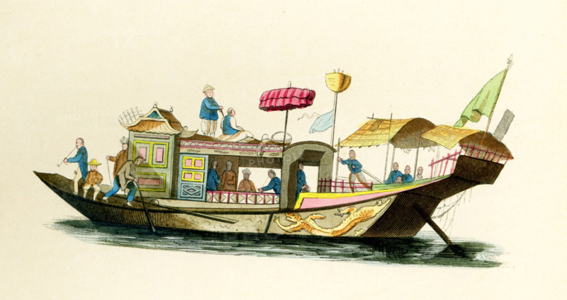 This 1840s illustration shows two Chinese junks. A junk is a type of Chinese sailing ship with fully battened sails. There are two types of junk in China: Northern junk, which is developed from Chinese river boats, and southern junk which is developed from Austronesian ship designs, examples of which have been trading with the Eastern Han dynasty since the 2nd century AD.