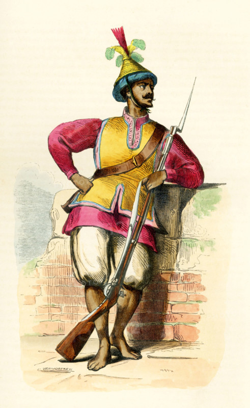 This 1840s illustration shows a soldier from Cochinchina (now Vietnam) in the 1840s. Cochinchina is the historical name given by foreigners to part of Vietnam, depending on the contexts. Sometimes it referred to the whole of Vietnam, but it was commonly used to refer to the region south of the Gianh River.
