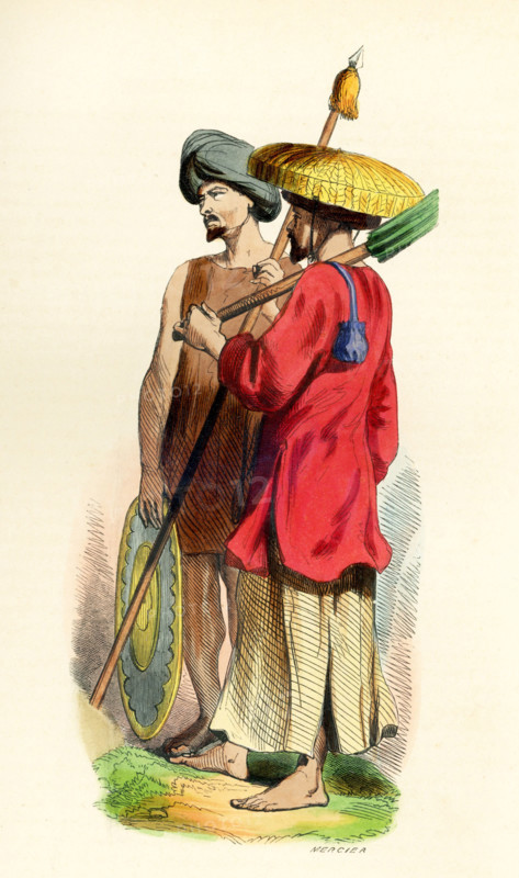 This 1840s illustration shows two Cochinchinese (Vietnamese), a native and a soldier. Cochinchina is the historical name given by foreigners to part of Vietnam, depending on the contexts. Sometimes it referred to the whole of Vietnam, but it was commonly used to refer to the region south of the Gianh River.