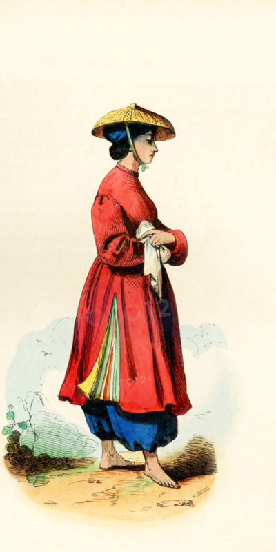 This 1840s illustration shows a young girl from Cochinchina (now Vietnam). Cochinchina is the historical name given by foreigners to part of Vietnam, depending on the contexts. Sometimes it referred to the whole of Vietnam, but it was commonly used to refer to the region south of the Gianh River.