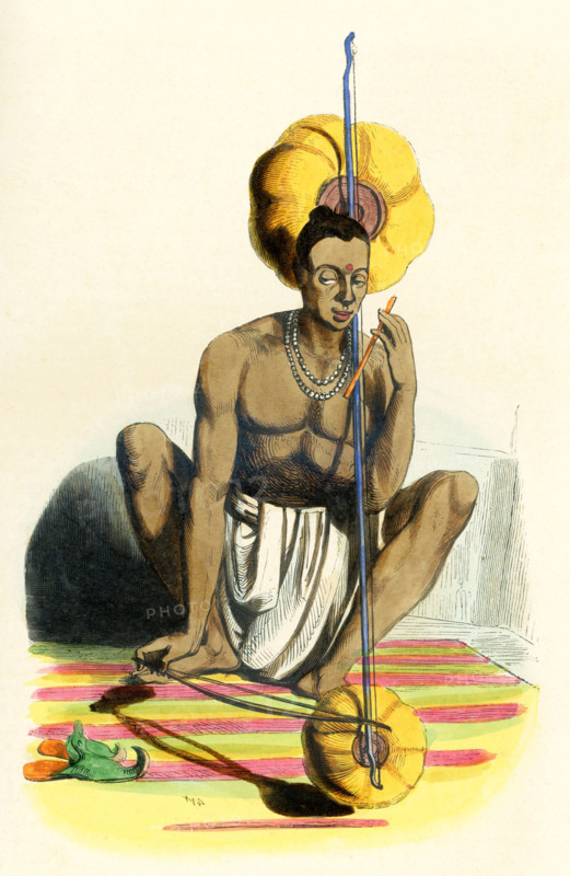This 1840s illustration shows a Hindu man playing a pena, Pena, also known as Tingtelia, is a mono string instrument falling in the lute category, similar to some of the traditional Indian stringed musical instruments such as Ravanahatha, Ubo or the Kenda, found in various parts of the country.