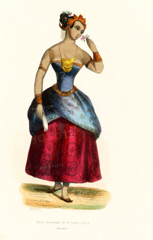 This 1840s illustration shows an upper class lady from Java. The Javanese people are an ethnic group native to the Indonesian island of Java. With approximately 100 million people, they form the largest ethnic group in Indonesia. They are predominantly located in the central to eastern parts of the island.  Java is part of the area of the world known as Oceania. Oceania is a geographic region that includes Australasia, Melanesia, Micronesia and Polynesia. Spanning the Eastern and Western Hemispheres, Oceania has a land area of 8,525,989 square kilometers.