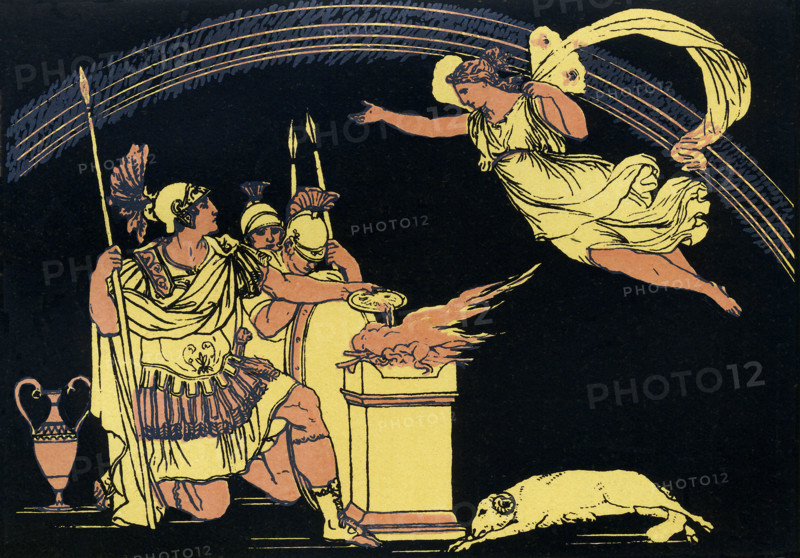 The first-century B.C. Roman poet Virgil wrote in his epic poem The Aeneid that the ""winged Iris, sitting on a cloud in front of a rainbow, appears to Turnus on the steps of the palace."" In Greek mythology (Roman as well, Iris was honored as the goddess of the rainbow.  In the tale of th Trojan War, Hera (Juno to the Romans), the queen of the gods and a deity who favored the Greeks over the Trojans, sends Iris to tell Turnus, chief of the Rutuli in Italy and the chief enemy of Aeneas once he arrives in Italy,  to attack Aeneas and his band of Trojans, and that the timing is good as Aeneas has left the camp to find King Evander. This illustration, dating to around 1900, shows Iris carrying the message to Turnus.