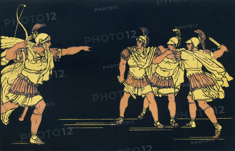 In the Roman epic poem, Aeneid, by Virgil, Nisus and Euryalus are two very good friends. They escape burning Troy with Aeneas and travel with him to Italy. When Aeneas goes in search of In Book 9, they enter the enemy camp of the Latins at night. They slaughter many Latins, but as they leave and are on their way back to their camp, the Latin helmet that Euryalus took glistens, attracting the attention of Latins. Misus manages to escape, but Euryalus is captured. Nisus returns to save his friend, as is shown here in this illustration that dates to around 1900.