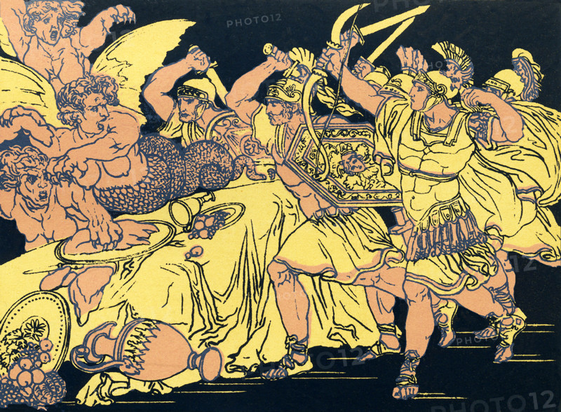 The Trojan hero Aeneas, along with some Trojans, escapes from Troy, after the Greeks have entered the city and set it afire. On their way west across the Mediterranean, they stopped at isalnds known as the Strophade, where the Harpies lived. The Harpies were monstrous creatures, birds with female faces. The Trojans kill some of the cows and goats on the island for food, The Harpies attack Ias seen in this 19th-century illsutration and curse the Trojans.