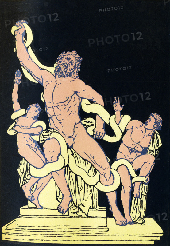 According to Greek mythology, Laocoon warned the Trojans about bringing the wooden horse fashioned by the Greeks into Troy. To quiet his protests, a god who favored the Greeks (some say Athena, others Poseidon, others Zeus) sent to sea serpents to kill him - and with him, his sons.