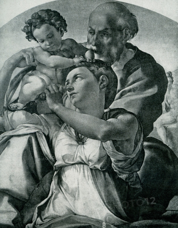 This illustration from 1903 shows the Christian Holy Family as painted by Michelangelo (1475-1564). Michelangelo di Lodovico Buonarroti Simoni, known best as simply Michelangelo, was an Italian sculptor, painter, architect and poet of the High Renaissance born in the Republic of Florence, who exerted an unparalleled influence on the development of Western art.