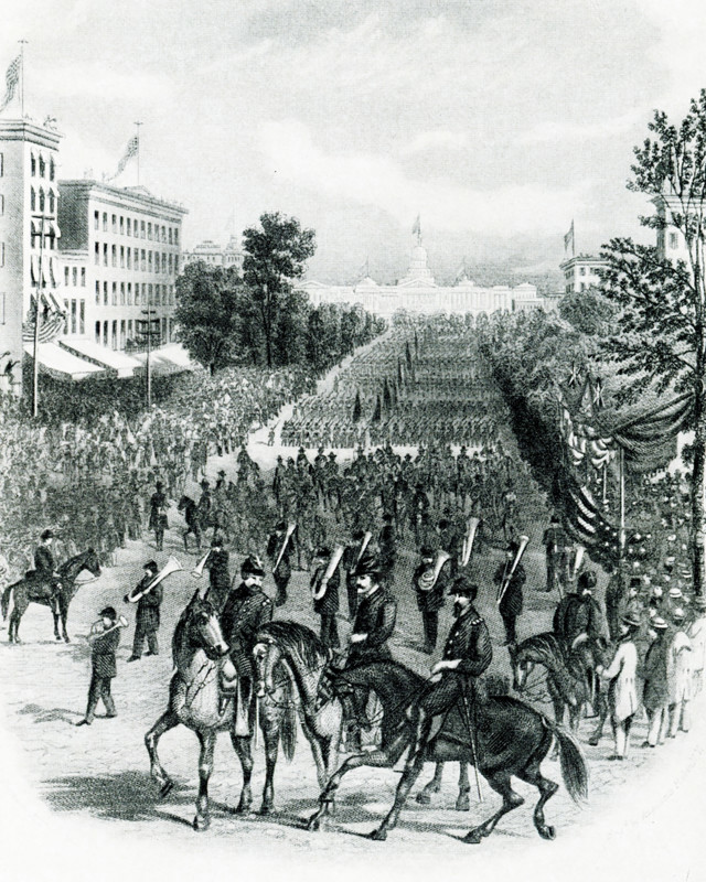 The 1903 caption reads: ""Grand Review at Washington May 24 and 25, 1965."" On May 23 and 24, 1865, before the soldiers were mustered out of the Union Army, a Grand Review of the Armies was held in Washington, D.C., to honor the victorious troops. President Andrew Johnson also hoped to elevate the mood of a city that was devastated by the loss of President Abraham Lincoln.