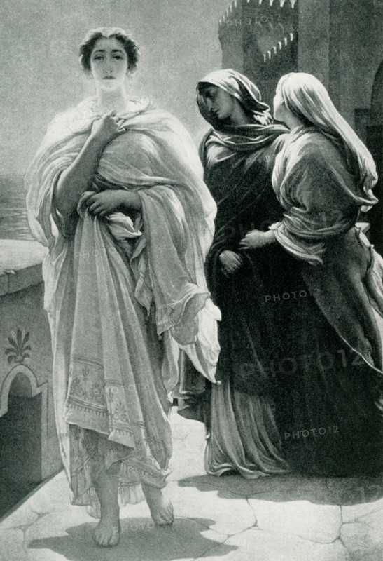 This painting by Frederic Leighton shows Helen of Troy attended by her handmaidens. In Greek legend, Paris was a Trojan prince, the son of Priam and Hecuba. When Eris, the Greek goddess of discord, was not invited to the marriage of the Greek leader Achilles, she threw a golden apple into the festivities, with the words ""for the fairest"" written on it. The goddesses Hera, Aphrodite, and Athena each claimed the apple, and Zeus, the king of the gods, had Paris choose which one should get it. Hermes, the messenger god, acts as a guide, arranging the meeting between the goddesses and Paris. Aphrodite promised Paris Helen, queen of Sparta, if he picked her, and so he did. The result was the Trojan War as the Greeks fought to   Helen to Menelaus, the ruler of Sparta. Frederic Leighton (1830-1896) was a British painter, draughtsman and sculptor. His works depicted historical, biblical, and classical subject matter in an academic style.