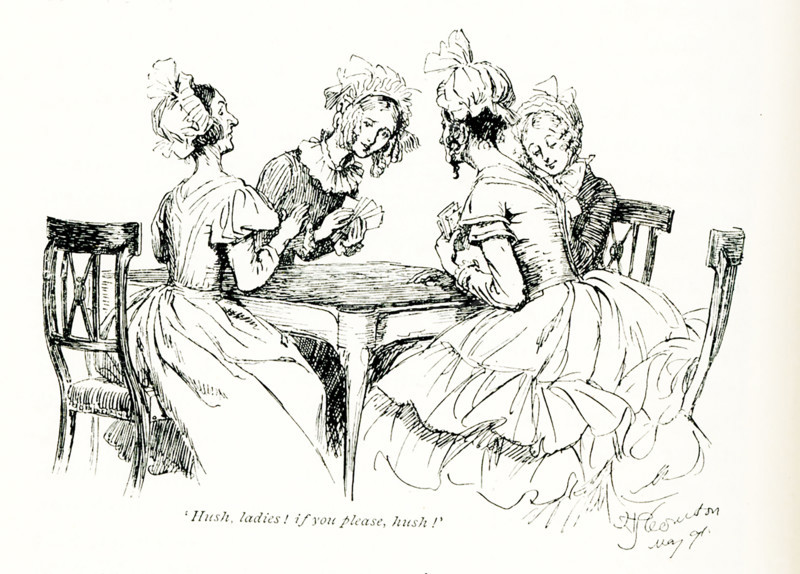 The 1891 caption reads: ""hush, ladies, if you please, hush"", spoken by Miss Barker. It is taken from Mrs Gaskell's novel Cranford and illustrated by Hugh Thomson. Elizabeth C Gaskell (died 1865), often referred to as Mrs Gaskell, was an English novelist, biographer, and short story writer. Her novels offer a detailed portrait of the lives of many strata of Victorian society, including the very poor. Her first novel, Mary Barton, was published in 1848. Gaskell's The Life of Charlotte Bronte, published in 1857, was the first biography of Bronte. Among Gaskell's best known novels is Cranford (1851-53). Hugh Thomson (died 1920) was an Irish Illustrator born at Coleraine near Derry. He is best known for his pen-and-ink illustrations of works by authors such as Jane Austen, Charles Dickens, and J. M. Barrie.