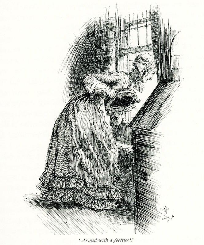 The 1891 caption reads: ""Armed herself with a footstool"" - spoken by Miss Matty. It is taken from Mrs Gaskell's novel Cranford and illustrated by Hugh Thomson. Elizabeth C Gaskell (died 1865), often referred to as Mrs Gaskell, was an English novelist, biographer, and short story writer. Her novels offer a detailed portrait of the lives of many strata of Victorian society, including the very poor. Her first novel, Mary Barton, was published in 1848. Gaskell's The Life of Charlotte Bronte, published in 1857, was the first biography of Bronte. Among Gaskell's best known novels is Cranford (1851-53). Hugh Thomson (died 1920) was an Irish Illustrator born at Coleraine near Derry. He is best known for his pen-and-ink illustrations of works by authors such as Jane Austen, Charles Dickens, and J. M. Barrie.