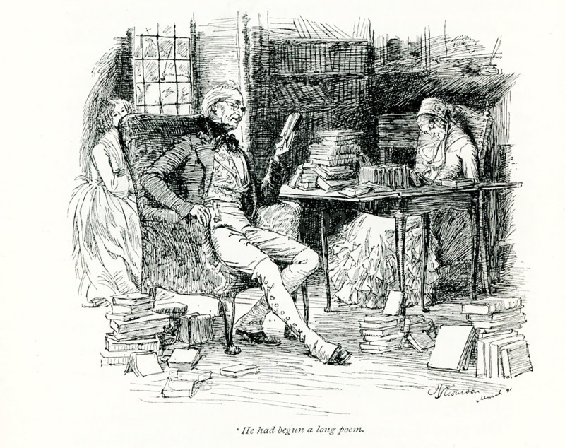 The 1891 caption reads: He had begun a long poem."" The illustration is from Mrs Gaskell's Cranford, showing Mr Mr Holbrook reading ""Locksley Hall"" to Miss Pole. Elizabeth C Gaskell (died 1865), often referred to as Mrs Gaskell, was an English novelist, biographer, and short story writer. Her novels offer a detailed portrait of the lives of many strata of Victorian society, including the very poor. Her first novel, Mary Barton, was published in 1848. Gaskell's The Life of Charlotte Bronte, published in 1857, was the first biography of Bronte. Among Gaskell's best known novels is Cranford (1851-53). Hugh Thomson (died 1920) was an Irish Illustrator born at Coleraine near Derry. He is best known for his pen-and-ink illustrations of works by authors such as Jane Austen, Charles Dickens, and J. M. Barrie.