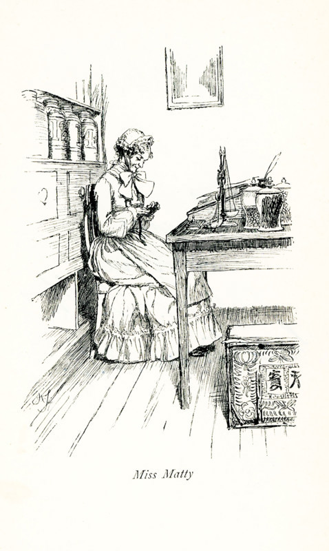 The 1891 caption reads: ""Miss Matty."" It is taken from Mrs Gaskell's novel Cranford and illustrated by Hugh Thomson. Elizabeth C Gaskell (died 1865), often referred to as Mrs Gaskell, was an English novelist, biographer, and short story writer. Her novels offer a detailed portrait of the lives of many strata of Victorian society, including the very poor. Her first novel, Mary Barton, was published in 1848. Gaskell's The Life of Charlotte Bronte, published in 1857, was the first biography of Bronte. Among Gaskell's best known novels is Cranford (1851-53). Hugh Thomson (died 1920) was an Irish Illustrator born at Coleraine near Derry. He is best known for his pen-and-ink illustrations of works by authors such as Jane Austen, Charles Dickens, and J. M. Barrie.