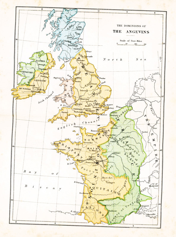 This map shows the dominions of the Angevins in Britain. The Angevins were a royal house of French origin that ruled England in the 12th and early 13th centuries; its monarchs were Henry II, Richard I, and John.