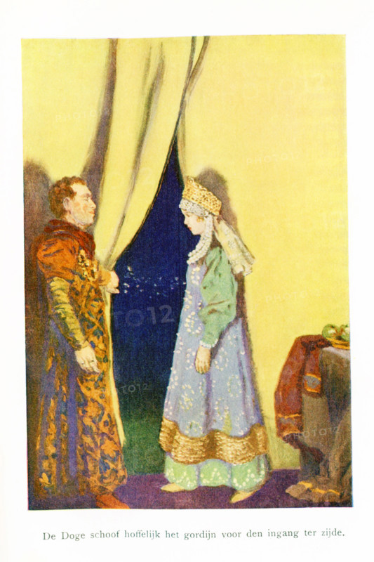 The caption for this illustration reads: Doge courteous pushed the curtain for the entrance to the side. The maiden here is Prince Marko's bride, and one of the court officials is making way for her. In history, Marko was a Serbian king who ruled from 1371 to 1395. The illustration is from a 1921 book on Serbian myths and legends.