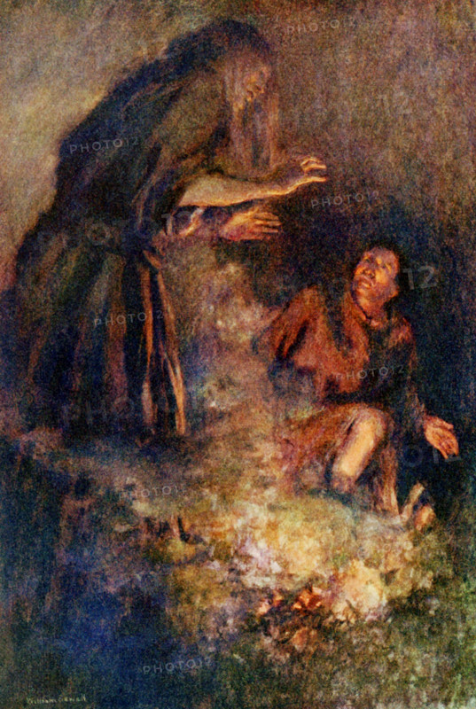 The caption for this illustration reads: I saw how black her face was and how white her hands were! The Serbian hero Marko is looking at a veela, a wicked demon, evil spirit. The illustration is from a 1921 book on Serbian myths and legends.