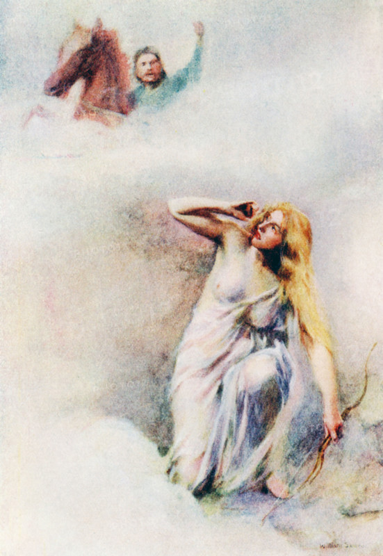 The caption for this illustration reads: I shuddered with horror in a few moments had Sharatz the Veela overtaken. The I is Marko, the Serbian hero, and Sharatz is his horse. The figure at right is a Veela. In Slavic and Serbian mythology, the Veela was a supernatural being. They were said to like dancing and to marry mortal men on occasion. The illustration is from a 1921 book on Serbian myths and legends.
