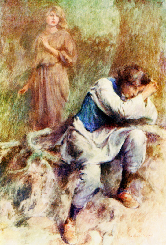The caption for this illustration reads: Why do you weep, my brother? The illustration is from a 1921 book on Serbian myths and legends. The tale is the ""Ram with the Golden Fleece."" A father had tried to kill a ram with golden fleece, but was killed byt the ram. Years later, his sone met the ram and did kill him, but the king wanted the fleece. The boy refused and the king said to keep the fleece he had to plant a vineyard and bring him wine from it in seven days. The boy went and cried, knowing the deed was impossible. The illustration here shows the girl who appeared to him and helped him do the task. The illustration is from a 1921 book on Serbian myths and legends.