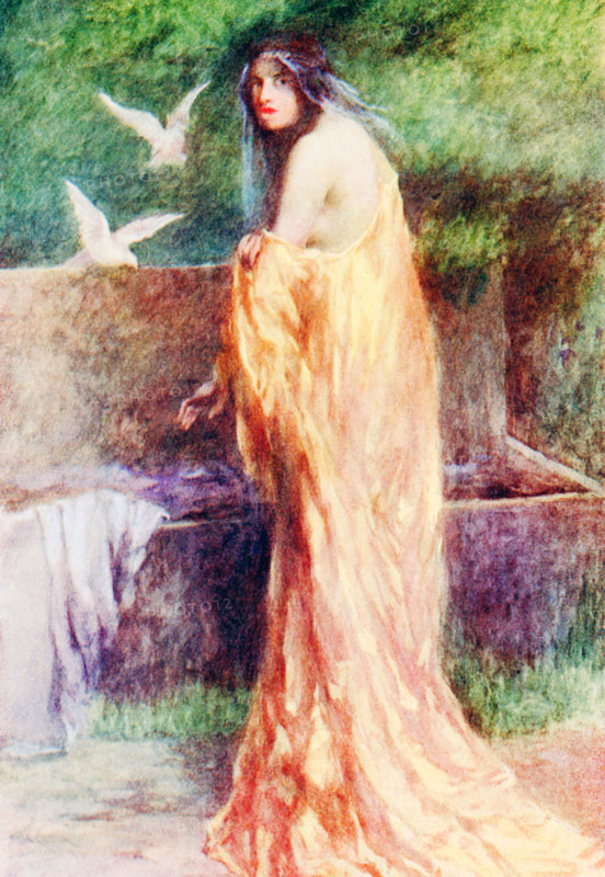 The caption for this illustration reads: Marra takes off her golden dress. Marra is the Cinderella of Serbian myth. Her mother who had been changed into a cow protected her from her stepmother. The golden silk dress is from her mother and she would take it off each time she returned from church on Sunday. Marra is also referred to as Pepelyouga. The illustration is from a 1921 book on Serbian myths and legends.