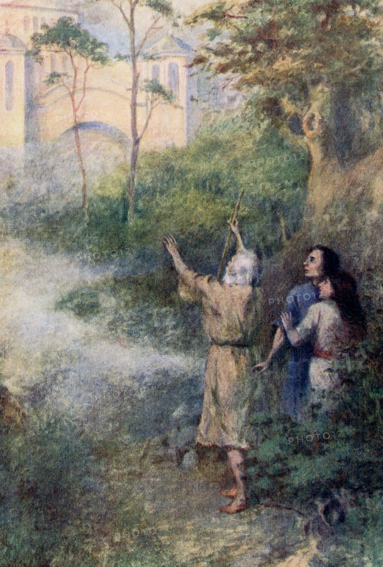 The caption for this illustration reads: On that spot instantly rose a beautiful palace. The tale tells of three brothers who had only a pear tree. God sent an angel and each brother gave the angel (in disguise) pears. The angel then granted each youth a wish. One wanted the river to turn to wine, The second wnated all the doves to become sheep. The third wanted a true Christian wife. The angel helped th eyouth win a princess. The angel returned but was refused wine by the first brother and cheese by the second. The third and his wife, very poor, offered whatever they had, In return the angel chnaged their bark to bread and their water to wine He then chnaged their hut to a palace, as sen here. The illustration is from a 1921 book on Serbian myths and legends.