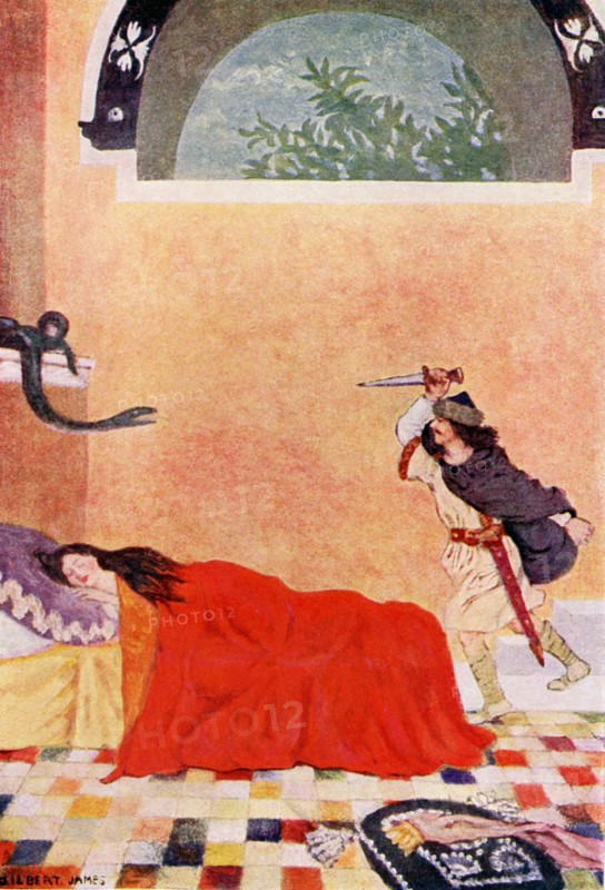 The caption for this illustration reads: He was horrified to see a snake on the wall. This tale involves a mean monster named Bash Tchelik, which means ""real steel""). He terrorized the area and had taken wives of three princes. This illustration shows the youngest rince saving a princess from being killed by a serpent. The princess had been locked in a tower to keep her from Bash Tchelik. The  youngest prince managed to outwit Bash Tchelik by findinng out the sevret to his power and killed him. The illustration is from a 1921 book on Serbian myths and legends.