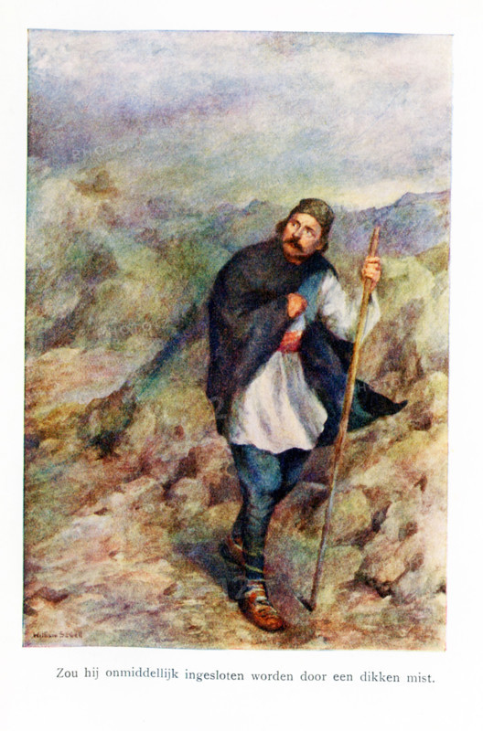 The caption for this illustration reads: Would he be immediately surrounded by a thick mist. In Serbian myth, there are female demons of bad weather. They can take the forms of dark mists, wind, thunderstorms, and hail clouds. Such a female spirit is known as an ala.