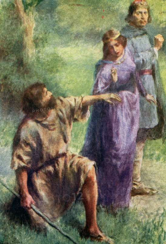 The caption for this illustration reads: Pray give me your hand so that I may see your ring. According to the tale: A rich man sent his son to trade, but the son took pity on slaves and used his money to free them. Among them was a tsar's daughter and her nurse. The girl and boy fell in love and married The boy's father was furious but relented and sent him again and again into the world to trade each time, the boy gave his money to help less fortunate. By c hnace they met up with the tsar, but the tsar's minister decieved the boy and threw him overboard. He landed on a baren island, where a man helped him, in return for half of whatever he would have. The boy reaches the town of the tsar and sees his wife, about to marry the minister. He puts out his hand, with his wedidng ring (see here). She sees it and the story and treachery are known. The old man asks for his half, the boy gives it to him. But the man says he is an angel, rewarding him for his good deeds and vanishes. The illustr...