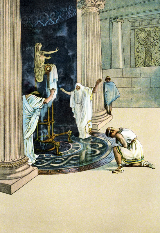Iphigenia was the daughter of Agamemnon, leader of the Greek forces against the Troy in the Trojan War. To appease the goddess Artemis (the Roman Diana), Agamemnon was told to sacrifice Iphigenia, seen in this illustration at Aulis, the port town in eastern Greece, where Agamemnon's fleet was prevented by Artemis from sailing until he had sacrificed her. When the sacrifice was about to take place, Iphigenia was whisked away to Taurus and an animal sent in her place.