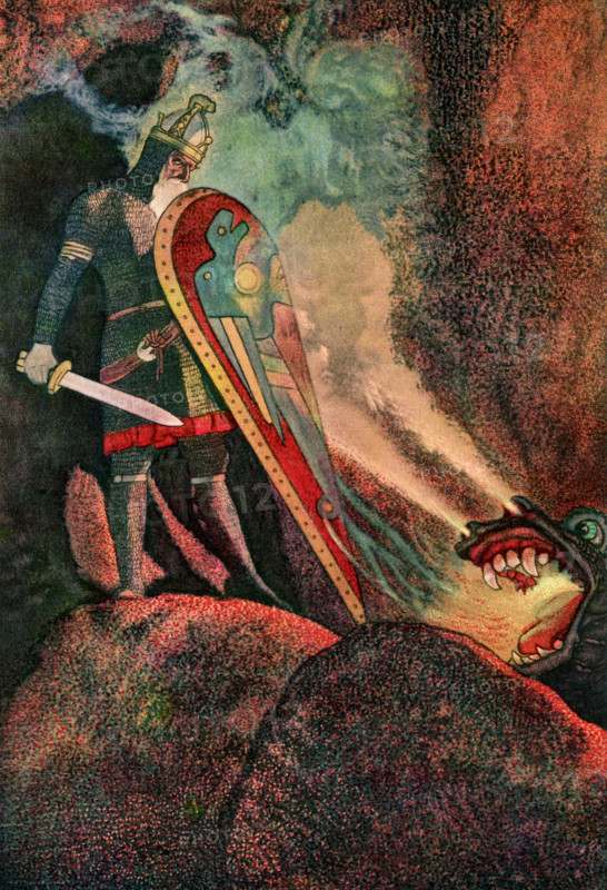 Beowulf is the title of the oldest English epic, probably composed early 8th-century by Anglian bard in the vicinity of Northumbria. The hero of the epic is Beowulf. He received the sword Naegling, said to be the best in the world, after defeating the monster Grendel and Grendel's mother. The sword does not survive his fight with the dragon (pictured in this 1923 drawing) and snaps in two.