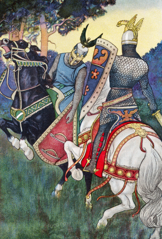 Prince Siegfried (also known as Sigurd), the famed hero of Germanic mythology, was the son of King Siegmund of the Netherlands. His wife was Kriemhild, the heroine of the Nibelungenlied. Siegfried is one of the heroes of the Nibelungenlied and also of Richard Wagner's Opera titled Siegfried. In this early 1900s illustration, Siegfried is shown in combat, and all the tales of his combats have him as the victor.