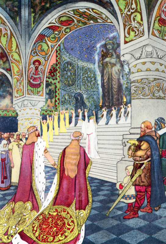 According to Scandinavian mythology, Frithiof, son of a farmer who is also a great Viking, falls in love with Ingeborg, the daughter of King Bele, who gives Ingeborg to the old King Ring. After many adventures and mishaps, Frithiof finally weds Ingeborg, as seen in this 1923 illustration.