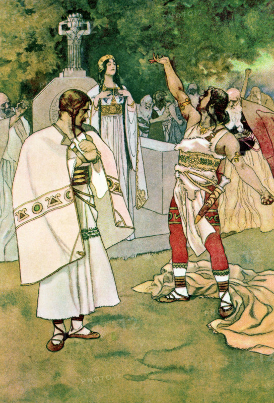 Accoridng to the tale, there were two brothers living in Bohemia, near Gruenberg Castle. They were Staglow and Chrudis, of the fmaily Klemowita. When their father died, the older brother, Chrudis, said that he should inherit all. The younger son, Staglow, said the estate should be divided equally.  The Princess Libuscha, at the Castle, was told of all and she assembled everyone in the country and said the brothers should inherit equally. Chrudis rose up and mocked the princes (as seen here in this illustration) and the people for being ruled by a girl. The princess said she would wed whomever her people chose and would no longer rule alone. The people chose Pungel, the bravest of all Bohemian knights.