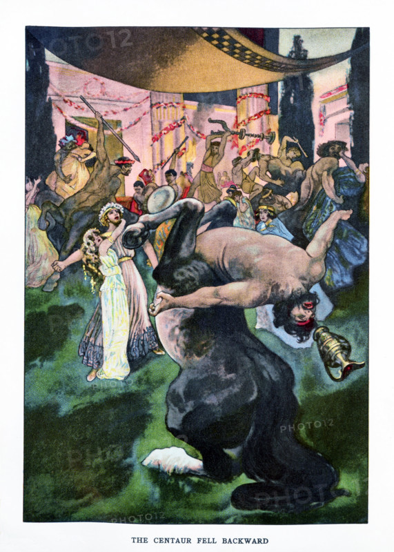 According to Greek mythology, Theseus was the son of Aegeus, king of Athens. Theseus pardoned Pirithous, king of the Lapiths, after he raided his cattle. Theseus asked only that Pirithous be his friend. He later invited Theseus to attend his marriage too Hippodamia. Among the guests were the centaurs, who had the bodies of horses but the torsos and heads of men.  Becoming drunk at the feast, the Centaurs tried to kidnap Hippodamia. Theseus intervened, as shown here, and defeated the Centaurs.Theseus and centaurs, Theseus and Pirithous, Theseus, Pirithous, Centaurs, Lapiths, Hippodamia, wedding Hippodamia, Aegeus, king of Athens, king of Lapiths, Greek myth, Greek legend, Greek mythology, Greek story, Greek folktale, Greek monsters, monster, ancient Greece, ancient Greek, Greek religion, myth, legend tale, folktale mythology.