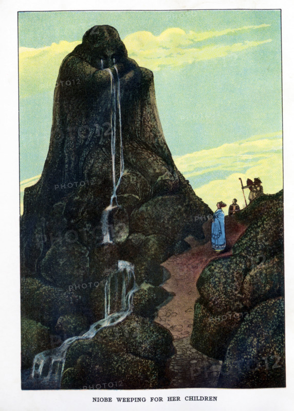 According to Greek mythology, Niobe was the daughter of  Tantalus, the king of Sipylus in Lydia. Her husband was Amphion, the king of Thebes. Niobe boasted that she was greater than Leto, the Titan who had only two children, Apollo and Artemis.  Furious at such a boast and seeing it as an insult to their mother, Apollo  killed all of Niobe's six sons and Artemis killed all of Niobe's six daughters, so the myth goes. Niobe was then turned into a rock  on Mount Sipylus and there she weeps as the snow melts from above, as seen in this illustration.