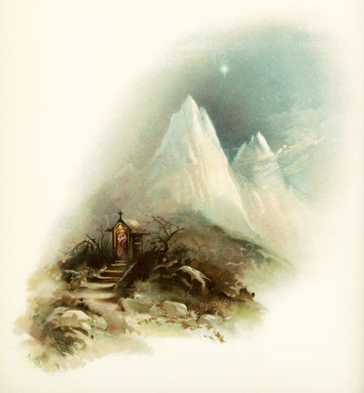 This illustration of mountains with a little chapel in the foreground accompanied Phillips Brooks's Poems  (c. 1886) by Phillips Brooks (1893).