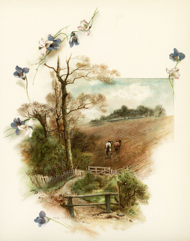 The caption for this illustration reads: For lo! The winter is past, the rain is over and gone. The scene shows a farmer with his horses ploughing his field. There is a path leading to the field. This bucolic scene is a farming landscape. It accompanied Phillips Brooks's Poems.  Brooks was an Episcopalian minister in Boston in the late 1800s.