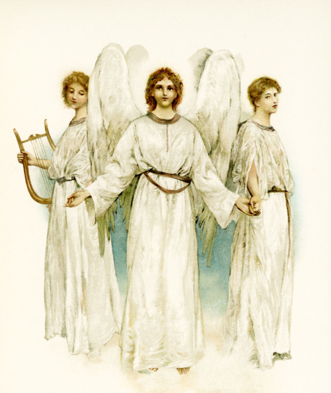 This illustration of three angels accompanied Phillips Brooks's Poems  (c. 1886) by Phillips Brooks (1893). The poem reads: He shall give His angels charge over thee, to keep thee in all thy ways.