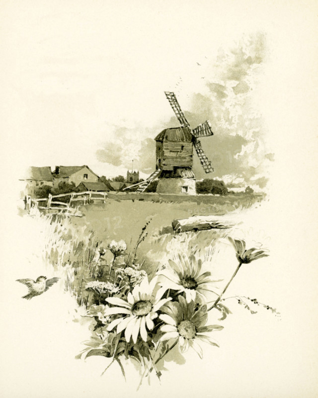 The caption for this illustrations reads:  Let them guard and guide us, Wheresoe'er we be, Til our resurrection Brings us home to Thee. This illustration of a windmill and village accompanied Phillips Brooks's book of poems. Philips Brooks was an American Episcopal clergyman and a rector at Boston's Trinity Church in the 1800s.