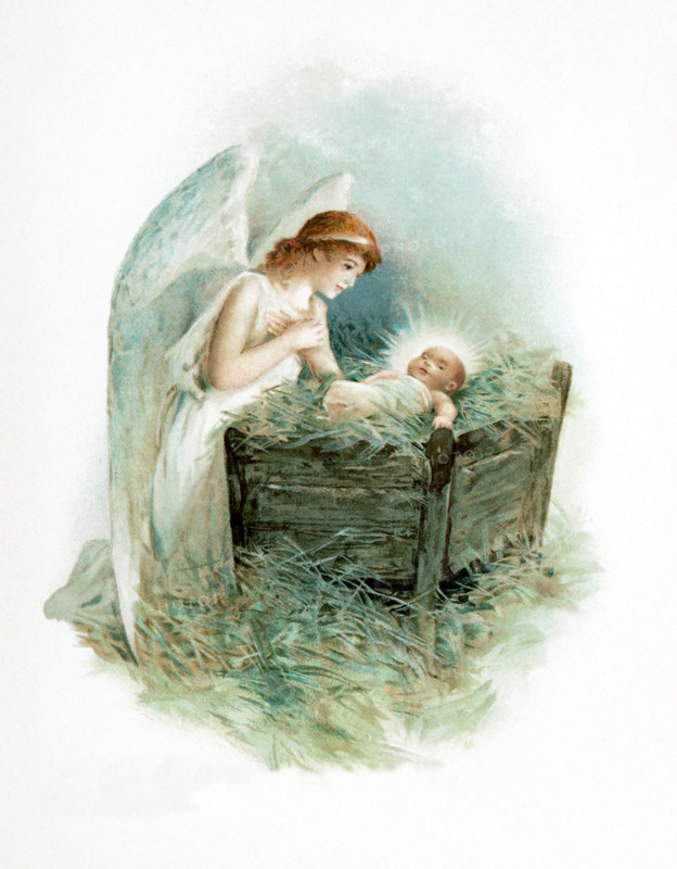 The caption for this illustration reads:Unto you is born this day in the city of David a Savior, which is Christ the Lord. The Christian religion celebrates the birth of Jesus Christ, the central figure of the religion, on December 25. The birth is often referred to as ""the Nativity"" and the three main figures are Jesus, his mother Mary, and Mary's husband Joseph. In this 19th century depiction, an angel is shown with the infant Jesus, who is lying in a manger.